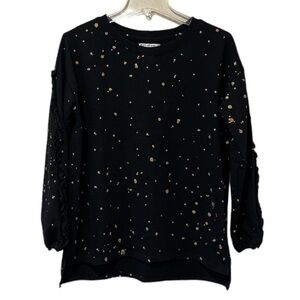 Ruff Hewn black sweatshirt with gold paint splatters ruffles down sleeve size M